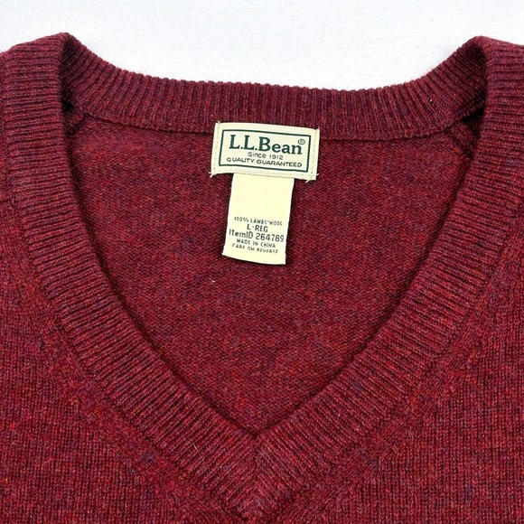 L.L. Bean Mens Large V-Neck Sweater 100% Lambswool Burgundy Maroon Knit Top - Picture 4 of 9